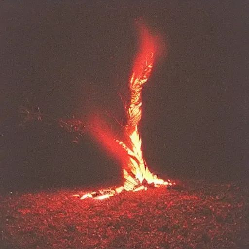 Image similar to “a photo of a burning palmetto tree in the dark with burning bright embers raining down everywhere in the middle of the dark black night. Photo. 35mm film. Cursed image.”