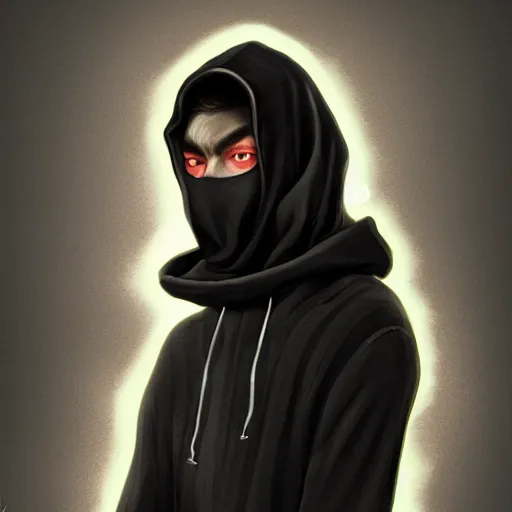 Image similar to ultra realistic illustration, man in a black hood, in a striped purple balaclava, mysterious, highly detailed, digital painting, artstation, concept art, smooth, sharp focus, illustration