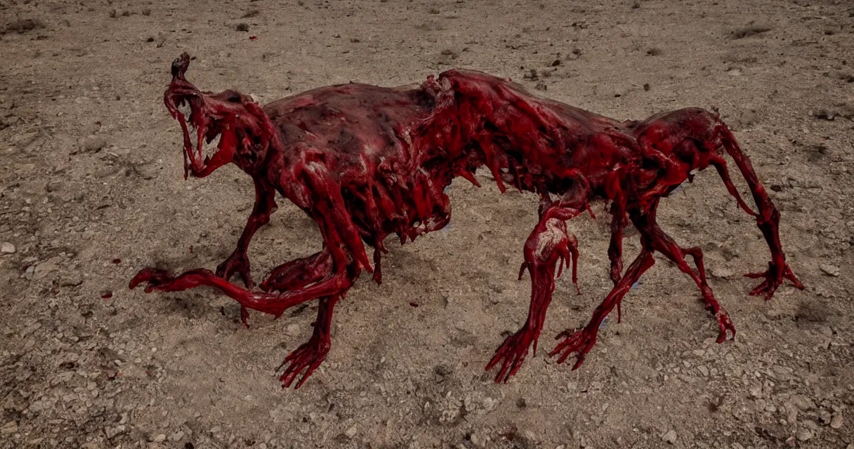 Image similar to in the desert a bloody gross horrifying The Thing creature made of muscle and bone and blood stares at the camera, eating, there is a pool of blood on the ground, it walks on two legs, like a skinwalker, mid day, 35mm photography, realistic,