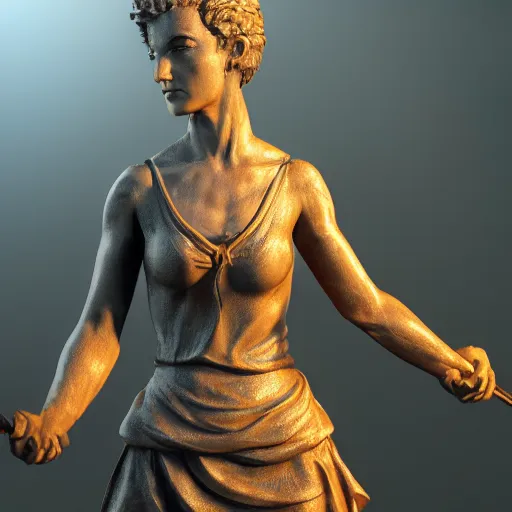 Prompt: highly detailed statue made of marbel, beautiful young woman, over exaggerated proportions, with a sword in her right hand, martial art pose, octane render, ripped cloth, volumetric lights, dramatic, highly detailed
