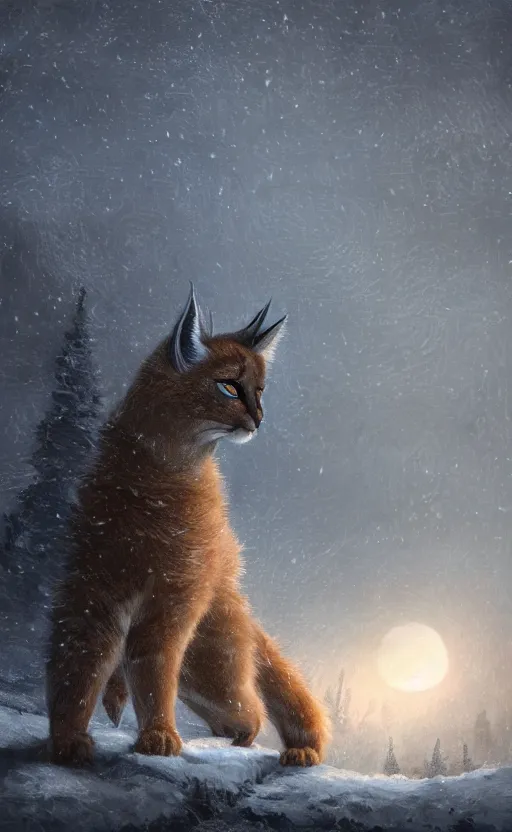 Prompt: cute fluffy caracal, a blurry ambient lantern in the distance of a snowy village at night, dynamic lighting, ambient lighting, atmospherical, photorealistic fantasy concept art, trending on art station, stunning visuals, creative, cinematic, ultra detailed