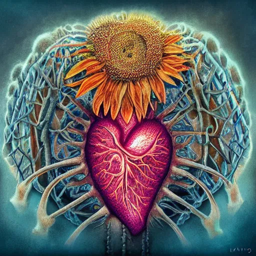 Prompt: a beautiful stunning interesting detailed matte digital painting by Larisa Novik of an anatomically correct heart bursting out of an anatomically correct skeletal rib-cage and exploding into rainbows and sunflowers, epic mind-blowing gorgeous grunge, trending on artstation hq