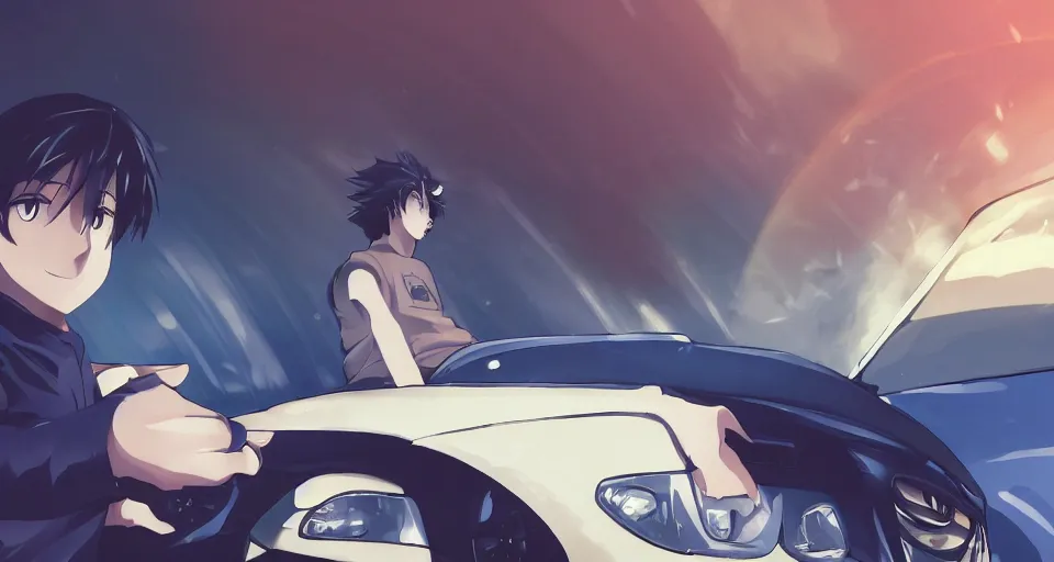 Prompt: closeup of a high definition anime guy with short dark blue hair and black streetwear clothing riding a dark red 1996 Hyundai Accent car with armenia quindio in the background, Artwork by Makoto Shinkai, pixiv, 8k, official media, wallpaper, hd