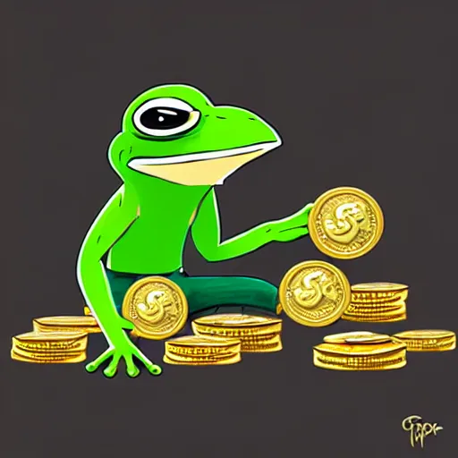 Image similar to super rich happy pepe, coins, gold, crystals, greg rutkowski