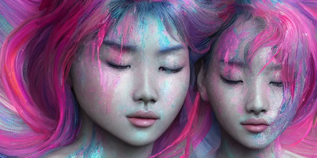 Prompt: a portrait of a very beautiful young asian goddess with pink and grey hair radiating an artwork made of swirling paint and impasto by wlop and botticelli, background is multicoloured volumetric displacement, hyperrealism, subsurface scattering, arnold render, noise to volume, 8 k, houdini, xparticles