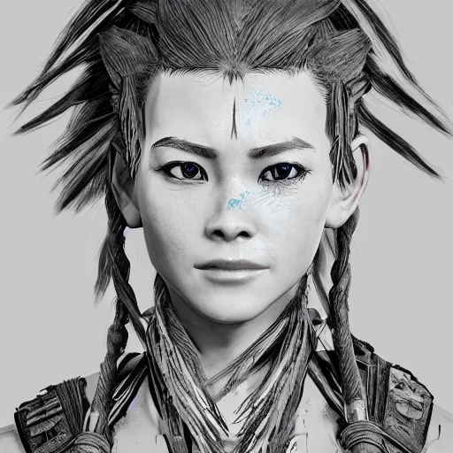 Image similar to Aloy from Horizon Zero Dawn, head and shoulders portrait, extremely detailed masterpiece, one single continues line.