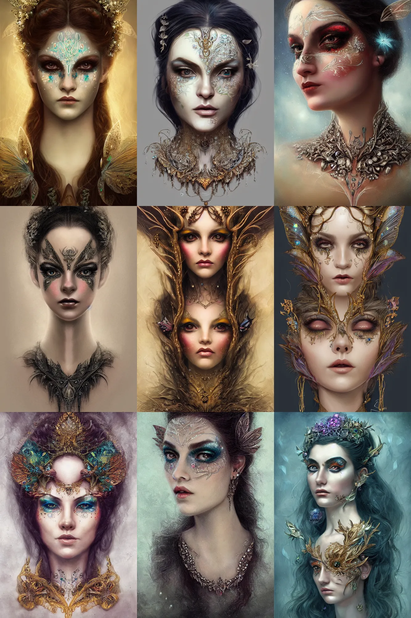 Prompt: portrait of a fairy, symmetric, facepaint, intricate jewelry, trending on artstation 4 k, in the style of karol bak and tom bagshaw, bust with face