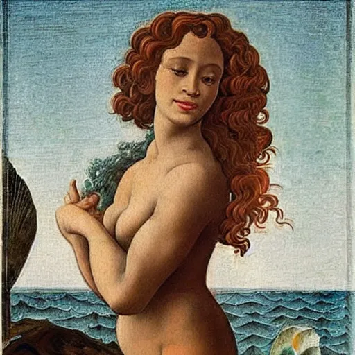 Image similar to standing portrait of Whitney Houston as Botticelli's Venus standing on a sea shell, as in birth of venus, accurate face