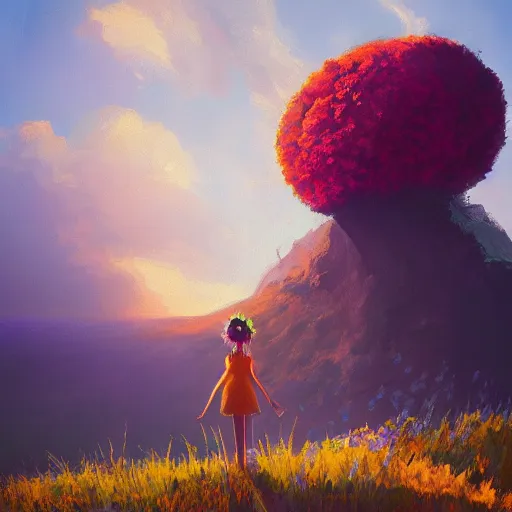 Image similar to closeup, giant flower head, girl standing on cliff, surreal photography, sunrise, blue sky, dramatic light, impressionist painting, digital painting, artstation, simon stalenhag