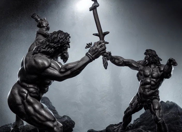 Image similar to a full figure rubber sculpture of conan the barbarian fighting a giant troll, by Michelangelo, dramatic lighting, foggy atmosphere, rough texture, subsurface scattering, wide angle lens