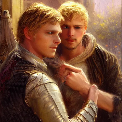 Image similar to attractive male, arthur pendragon who has blond hair confesses his love to attractive male, merlin who has dark hair. highly detailed painting by gaston bussiere, craig mullins, j. c. leyendecker 8 k