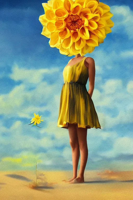 Image similar to closeup girl with huge yellow dahlia flower head, on beach, surreal photography, blue sky, sunrise, dramatic light, impressionist painting, digital painting, artstation, simon stalenhag