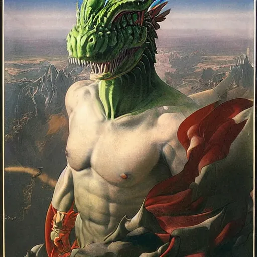 Image similar to portrait of immense, majestic, surreal, terrifying yoshi!!! standing triumphant over the city, perfectly clear face, by j. c. leyendecker, bosch, and beksinski