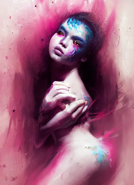 Image similar to shot of sinister girl with pouty aerochrome lips, fungal, adorable, expressive eyes, playful pose of a dancer, greg rutkowski, charlie bowater, yuumei, stephen gammell, unreal 5, daz, hyperrealistic, octane render, rpg portrait, dynamic lighting, fantasy art, beautiful face