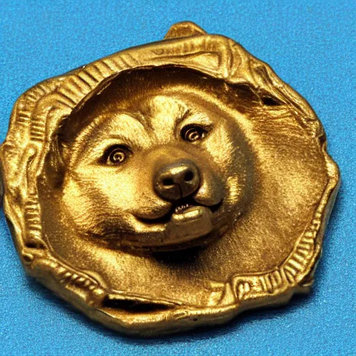 Image similar to an ancient roman gold coin with the face of a shiba inu, close up photo, ultra realistic, studio photo, bokeh. intricate details.