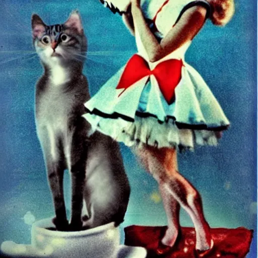 Image similar to the kitsch meow. surreal whimsical retro photograph.