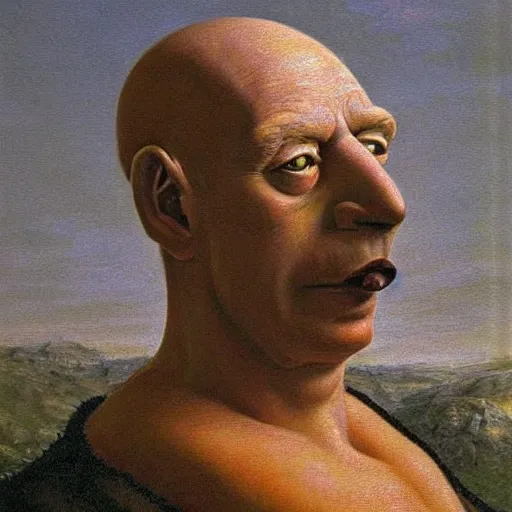 Prompt: Homer Simpson, oil on canvas, very detailed, realistic, painted by David Caspar Friedrich