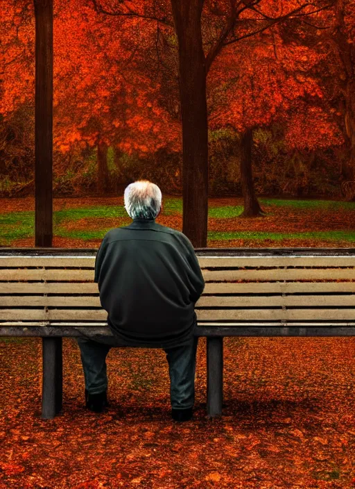 Prompt: conceptual photography portrait of an old man on a park bench fading into nothing, autumn tranquility, forgetfulness, fading to dust and leaves, oblivion, inevitability, aging, surreal portrait, moody, deep oranges and browns, color toning, hopeless, 4 k