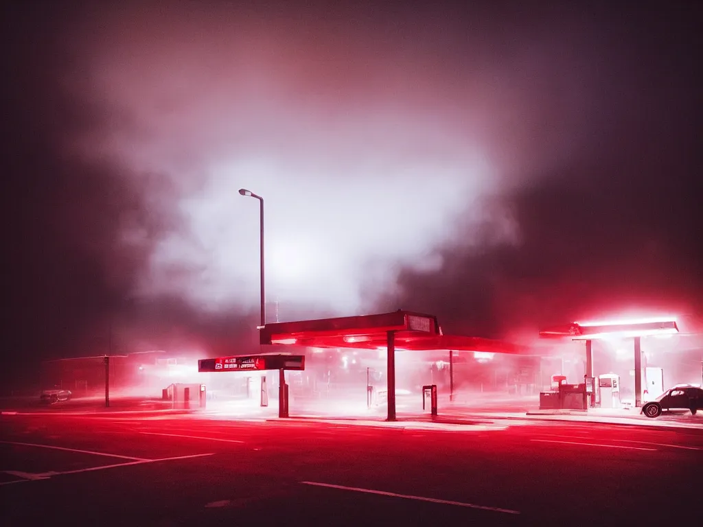 Prompt: “photography of gas station , fog, blue and red lights, night, mood, atmospheric, full of colour, digital photography”