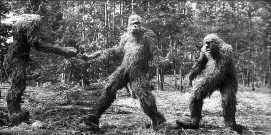 Image similar to : stereopticon photo of bigfoot fighting robot