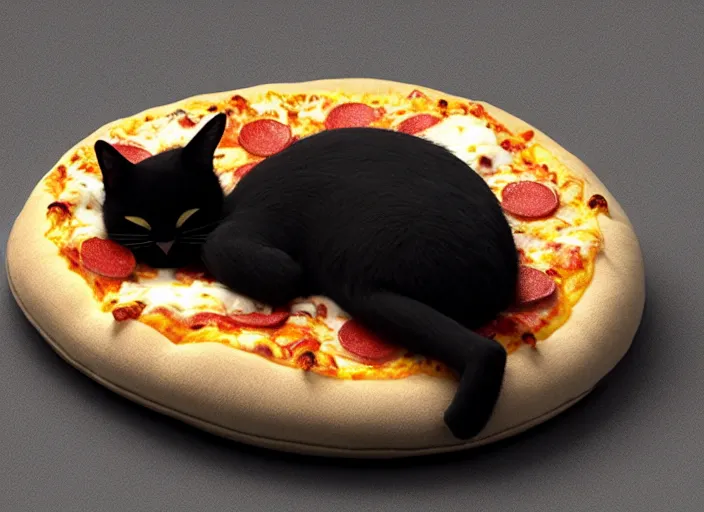 Prompt: A tiny black cat sleeping on a cozy pizza pillow. designed by Peter Andrew Jones and Pixar, photorealistic, 3d render, award winning render, unreal engine, octane render, studio lighting, 8k, hd, Dustin Nguyen, Akihiko Yoshida, Greg Tocchini, Greg Rutkowski, Cliff Chiang