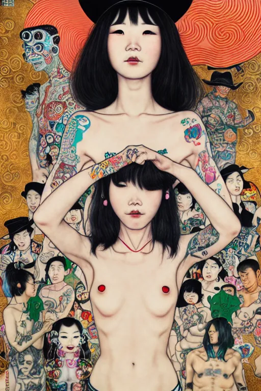 Image similar to full view of taiwanese girl with tattoos, wearing a cowboy hat, style of yoshii chie and hikari shimoda and martine johanna and and gustav klimt and will eisner, highly detailed