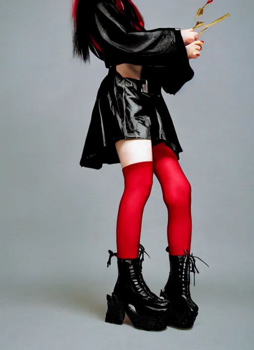 Prompt: photograph of 9 0 s japanese goth girl wearing platform boots and leather outfit, realistic, magazine photo, black eyeliner, long black ponytail, red lipstick