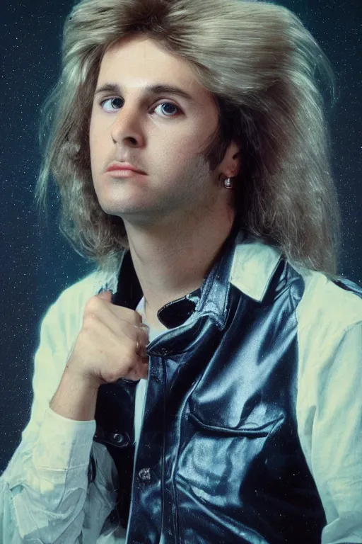 Image similar to an original beeple digital art portrait of a typical member of generation x, in the style of a 1 9 8 0's glamour shot, beautiful flowing mullet hairstyle