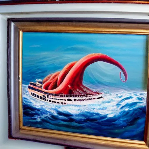 Image similar to A giant squid destroying a cruise ship in the middle of the ocean, oil painting