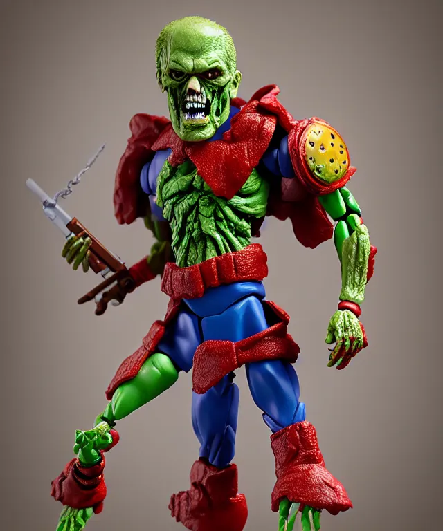 Image similar to hyperrealistic rendering, president zombie is motu action figure, product photography