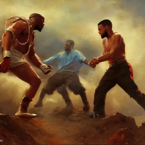 Prompt: a beautiful painting of handsome kanye west fighting handsome pete davidson, rendered art, highly detailed painting by gaston bussiere, craig mullins, j. c. leyendecker 8 k, trending on artstation, art