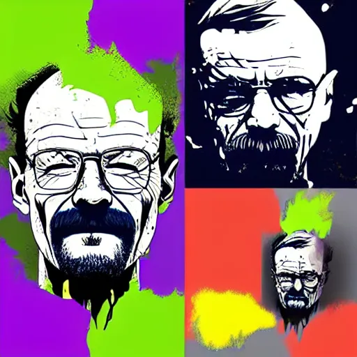 Image similar to logo design, walter white smiling like the joker, splatter paint