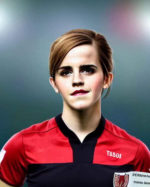 Image similar to a portrait of emma watson as a lokomotiv football player, hyper realistic