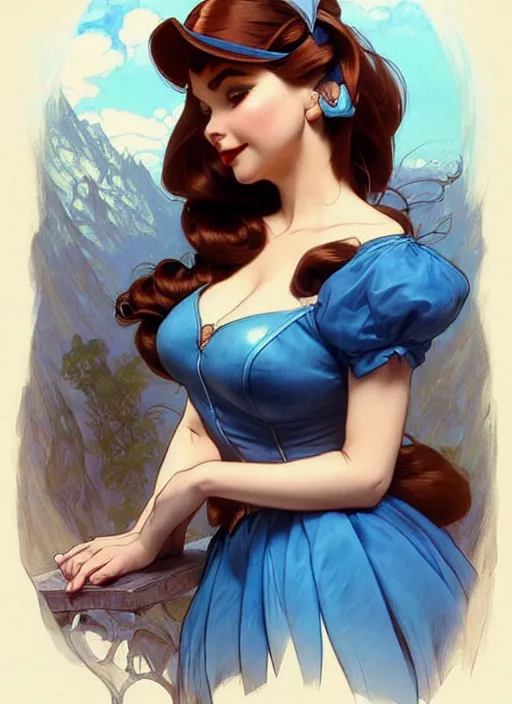 Image similar to concept art by artgerm, portrait of pinup disney alice in wonderland in blue dress, soft natural light, intricate, elegant, highly detailed, mountain background with houses and river, digital painting, artstation, concept art, smooth, sharp focus, illustration, art by greg rutkowski and alphonse mucha and uang guangjian and gil elvgren, symmetry!!