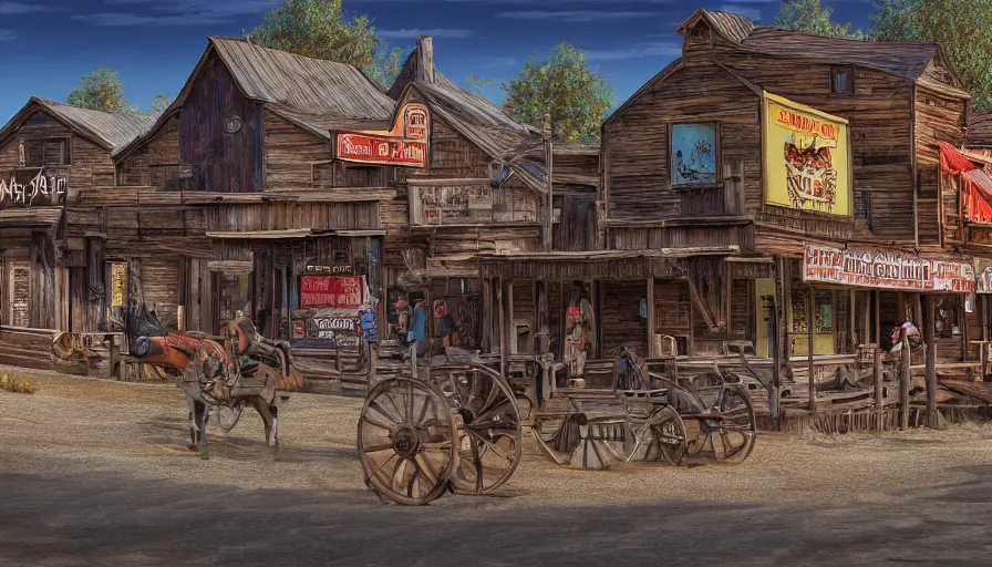 Prompt: an old west cowboy town, digital art, highly detailed, realistic, bright colors, 8 k