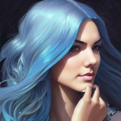 Image similar to A combination of Victoria Justice's and Odette Annable's faces with blue hair, western, D&D, fantasy, intricate, elegant, highly detailed, digital painting, artstation, concept art, matte, sharp focus, illustration, art by Artgerm and Greg Rutkowski and Alphonse Mucha