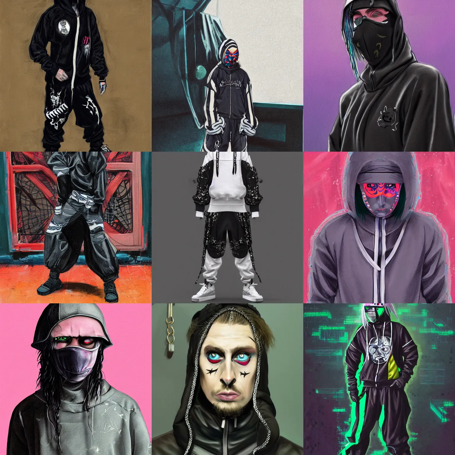 Prompt: a detailed portrait of a fashionable gopnik ghostemane warrior ninja wearing a cybergoth tracksuit outfit by william gropper, magic realism, nanopunk, dieselpunk, beeple, cgsociety, crisp, low angle shot