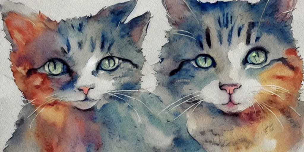 Image similar to watercolor illustration style, cute! cats!!! play with different things