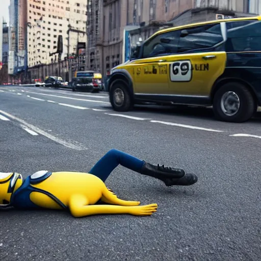 Prompt: a minion run over by a car