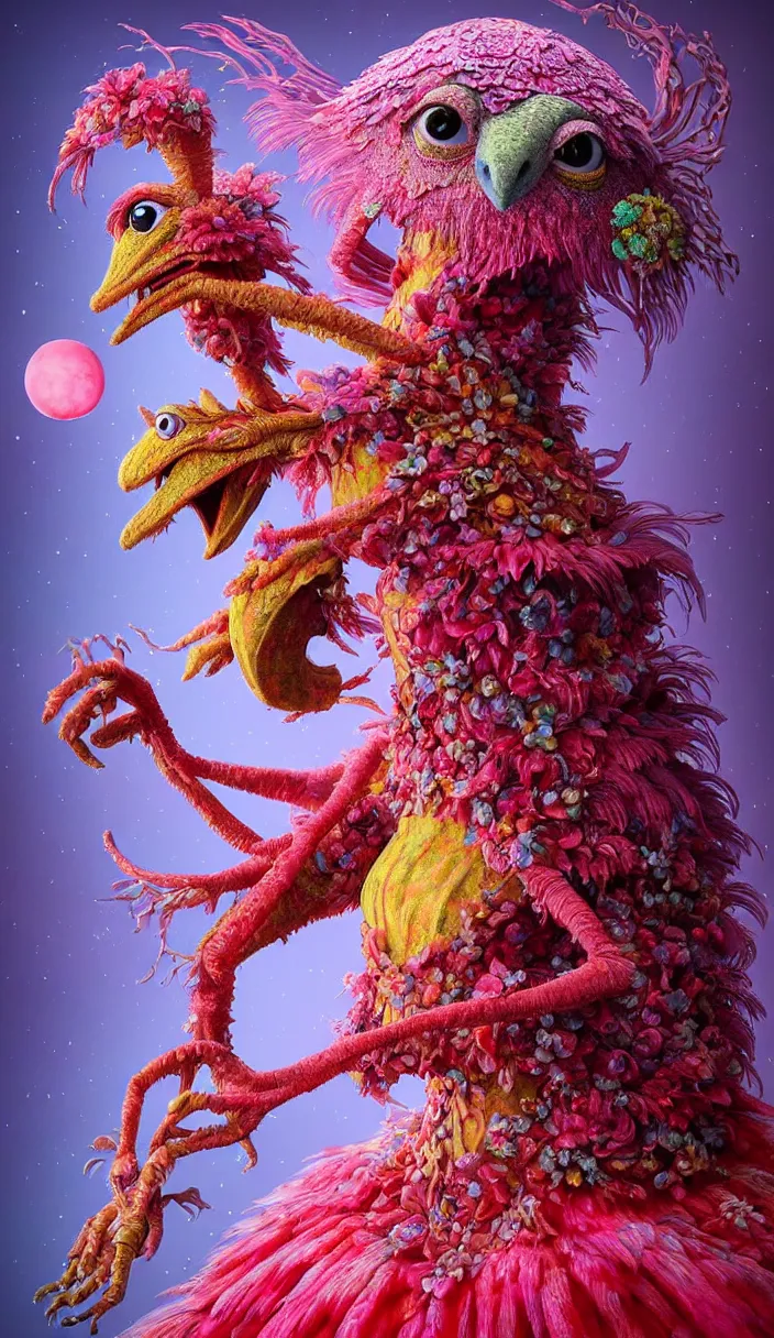 Prompt: hyper detailed 3d render like a Oil painting - kawaii portrait of solitary Aurora (a beautiful skeksis muppet fae queen from dark crystal that looks like Anya Taylor-Joy) seen red carpet photoshoot in UVIVF posing in scaly dress to Eat of the Strangling network of yellowcake aerochrome and milky Fruit and His delicate Hands hold of gossamer polyp blossoms bring iridescent fungal flowers whose spores black the foolish stars by Jacek Yerka, Ilya Kuvshinov, Mariusz Lewandowski, Houdini algorithmic generative render, Abstract brush strokes, Masterpiece, Edward Hopper and James Gilleard, Zdzislaw Beksinski, Mark Ryden, Wolfgang Lettl, hints of Yayoi Kasuma and Dr. Seuss, octane render, 8k