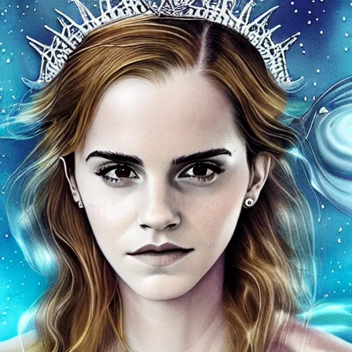 Image similar to emma watson portrait, fantasy, mermaid, hyperrealistic, game character, underwater, highly detailed, sharp focus, cinematic lighting, pearls, glowing hair, shells, gills, crown, water, highlights, starfish, jewelry, realistic, digital art, pastel, magic, fiction, ocean, king, colorful hair, sparkly eyes, fish, heroic, goddess, waves, bubbles, queen