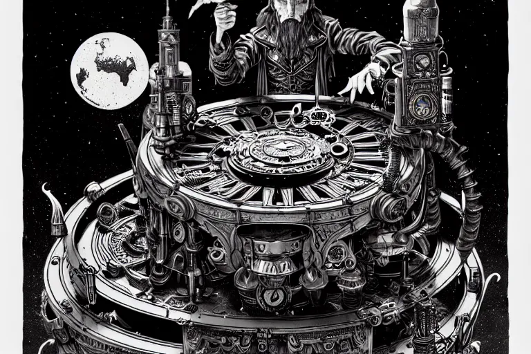 Prompt: a majestic steampunk wizard table, high details, lineart, by vincent di fate and joe fenton, inking, etching, screen print, masterpiece, trending on artstation, sharp, high contrast, hyper - detailed,, hd, 4 k, 8 k
