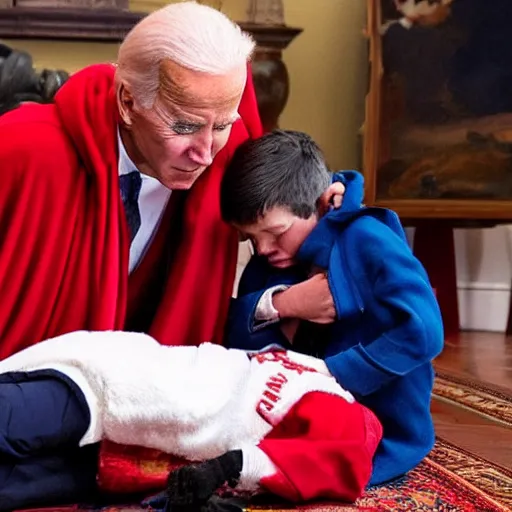 Image similar to joe biden wearing a red cloak and praying next to a sleeping young boy