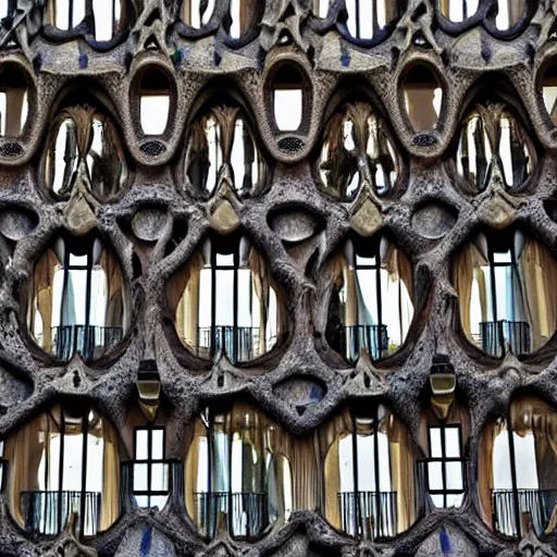 Prompt: a photograph of antoni gaudi building with a lot of windows that looks like complex tree roots, detail, realistic