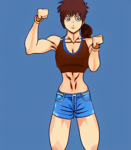 Image similar to Brown hair, blue tank top and shorts, muscular anime woman in the style of stanley artgerm