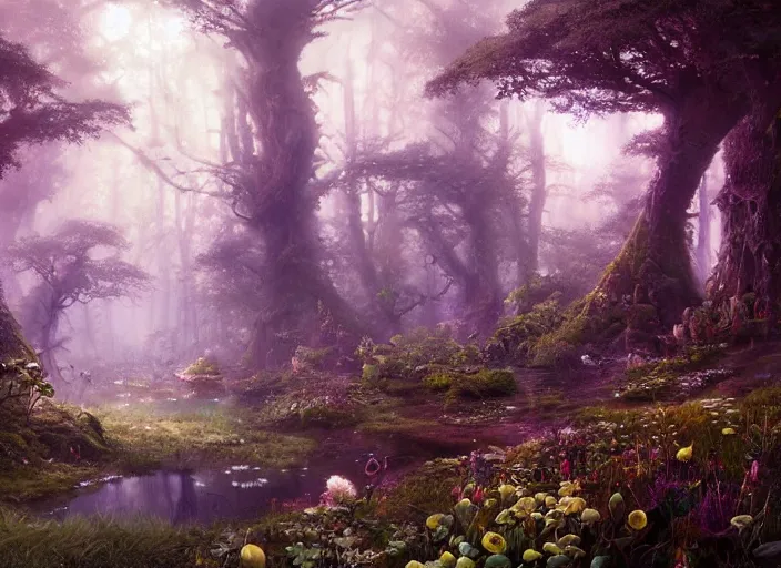 Image similar to desktop background, magical fantasy forest, saytr, path traced, highly detailed, high quality, digital painting, by studio ghibli, lise deharme, alexander jansson, paul lehr, tim white, hans zatzka, george stubbs, louis wain