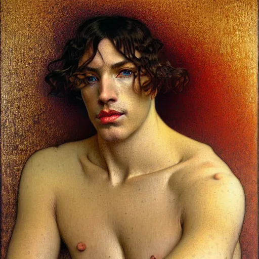 Image similar to realistic .extremely. detailed. portrait painting of an average man by Jean Delville, Amano, Yves Tanguy, Alphonse Mucha, Ernst Haeckel, Edward Robert Hughes, Roger Dean, moody colors, gold eyes