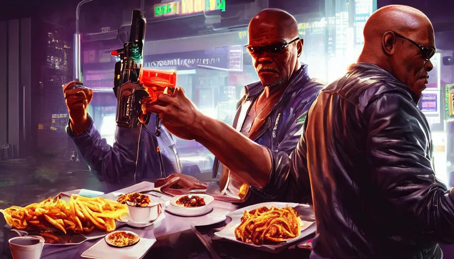 Image similar to samuel l jackson in night city eating chinese takeaway with johnny silverhand, cyberpunk 2 0 7 7, rendering, wallpaper, concept art, digital art