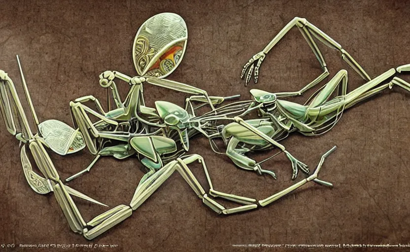 Image similar to mechanical praying mantis with small parts and intricate details, metal scapes, steampunk, art nouveau style