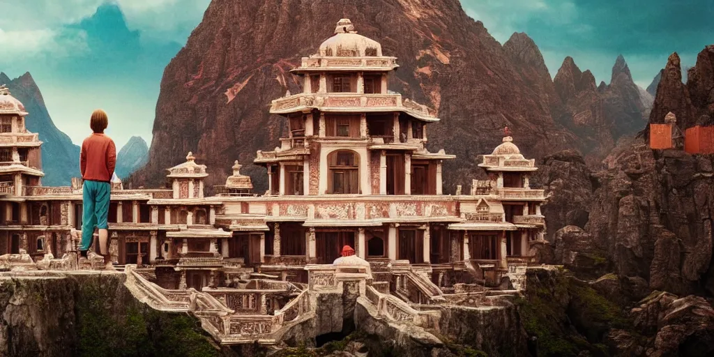 Prompt: a very high resolution image from a new movie, upside - down old temple, beautiful scenery, photorealistic, photography, directed by wes anderson